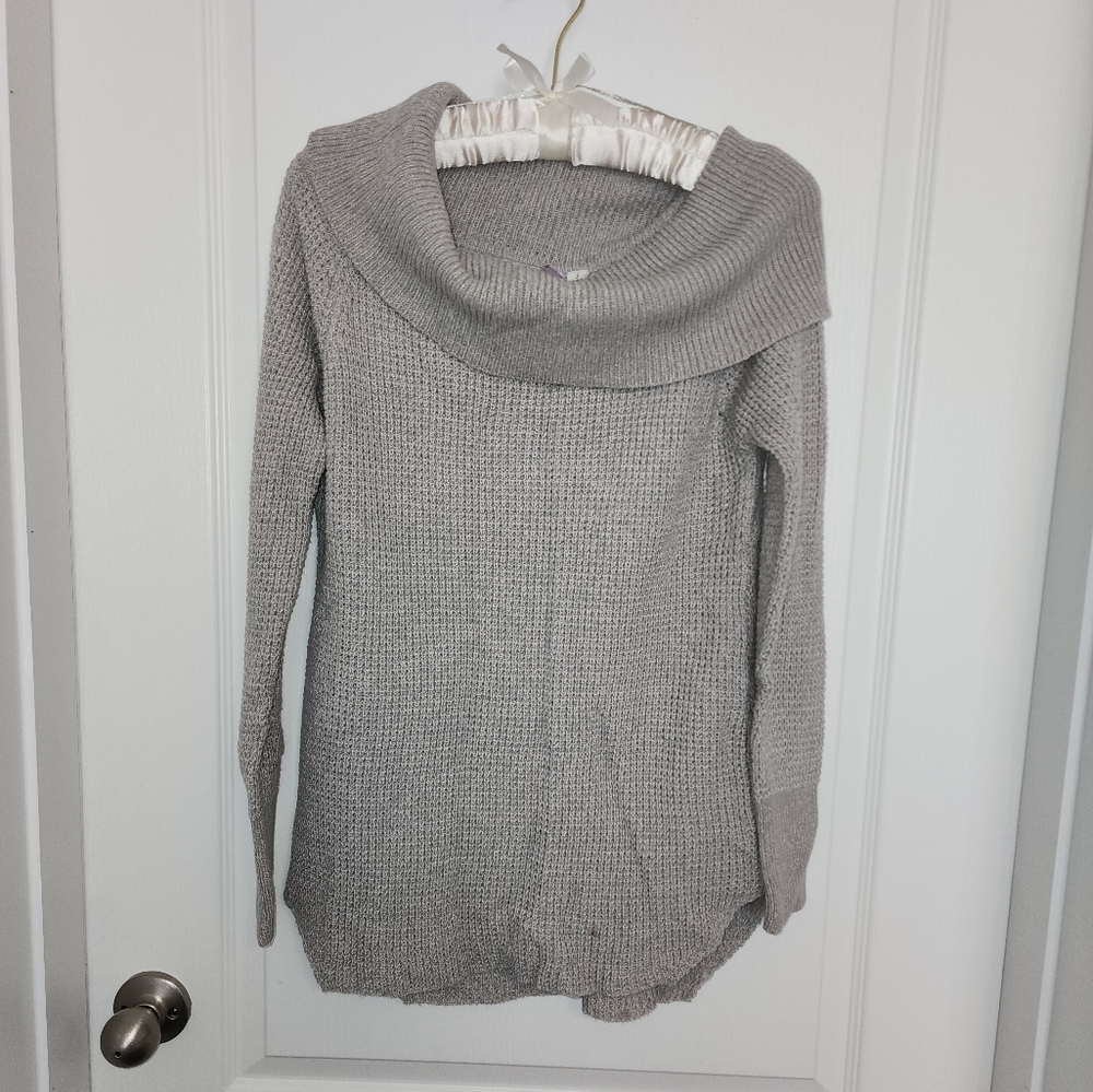 Waffle Knit Off Shoulder Grey Sweater